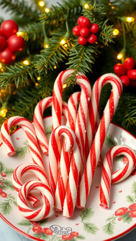 Homemade candy canes in red and white on a festive plate with pine branches and lights.